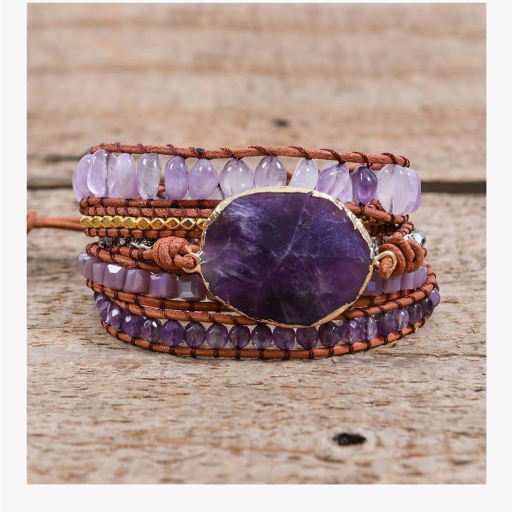 CLEARANCE Boho Handmade Wrap Leather Tube Crystal Stone Bracelet Amethyst stone. - Picture 3 of 8